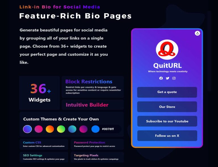 QuitURL review dashboard showing URL shortener interface with analytics